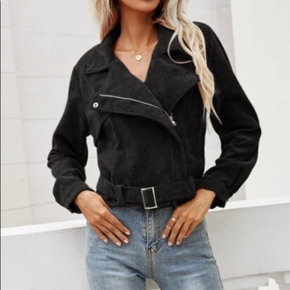 Black Corduroy Moto Biker Zipper Jacket Shacket - Picture 4 of 9